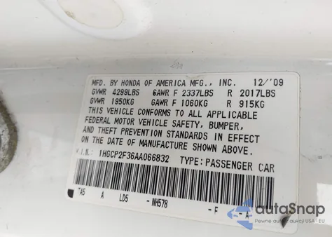 2010 Honda Accord 2.4 Lx z USA, uszkodzony, nr VIN 1HGCP2F36AA066832